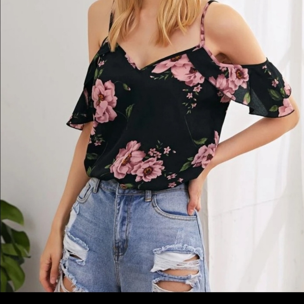 Black & Pink Floral Cold-Shoulder Camisole Top